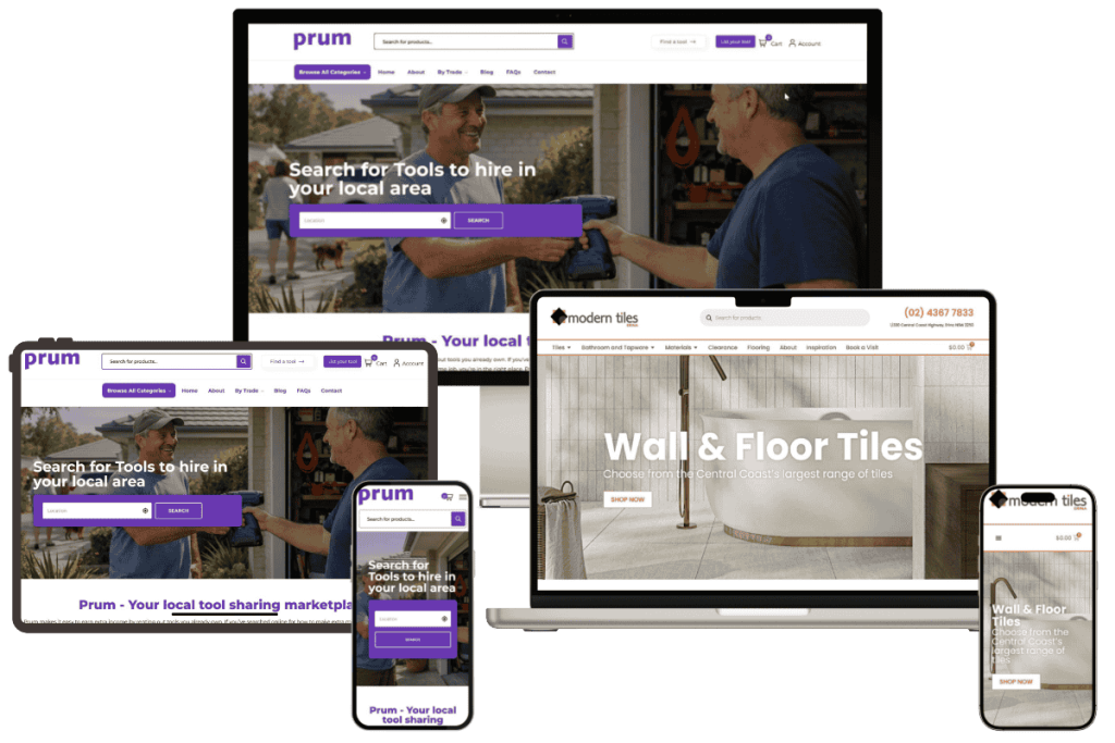 Multiple devices displaying tool sharing websites.