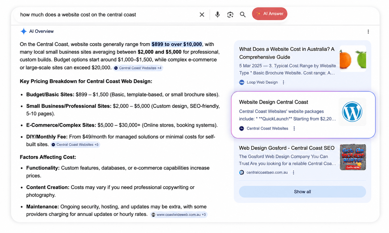 Google AI Overview example showing website cost information